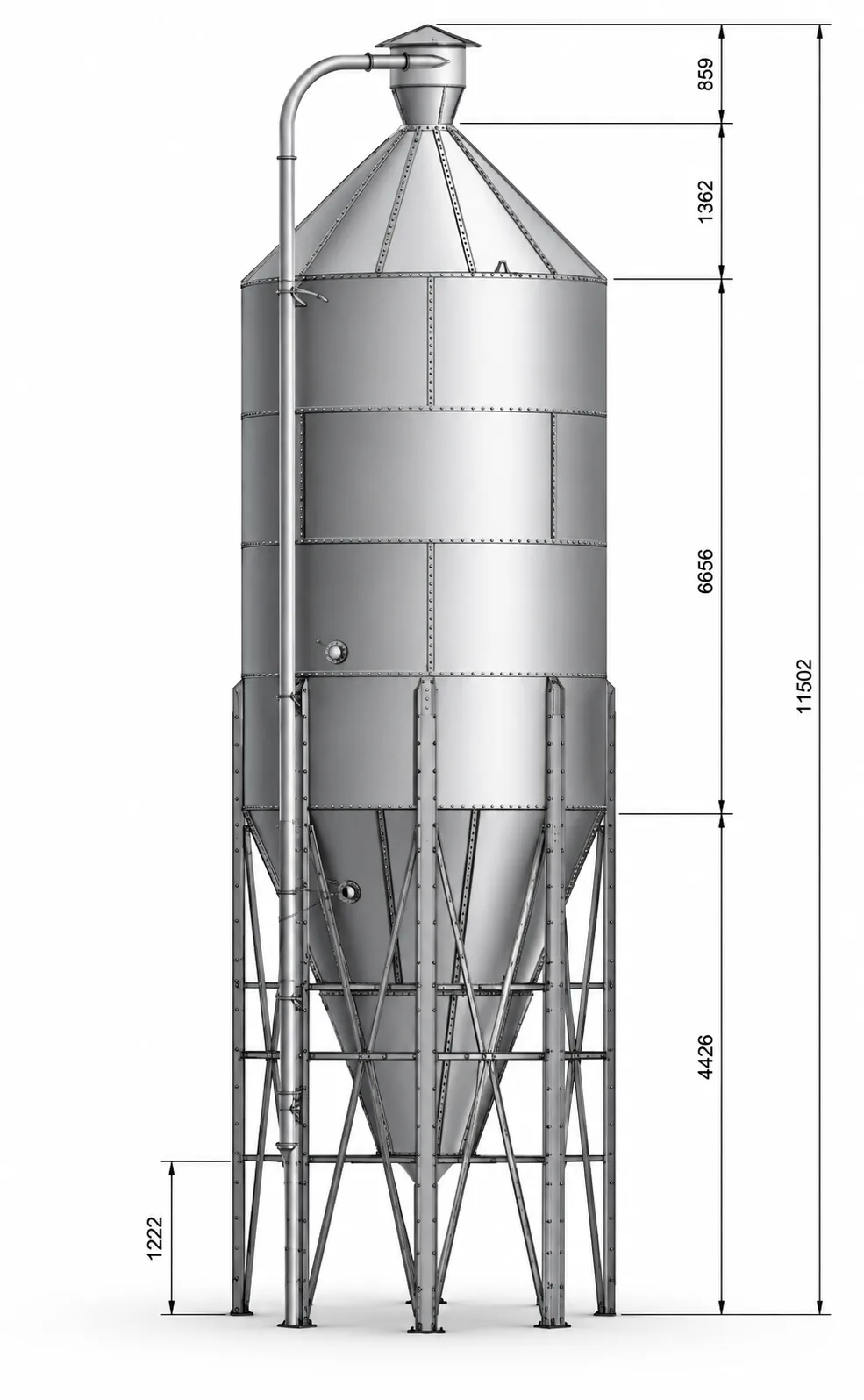 Cylindrisk fodersilo med konisk botten, stege och höjdangivelse i millimeter.