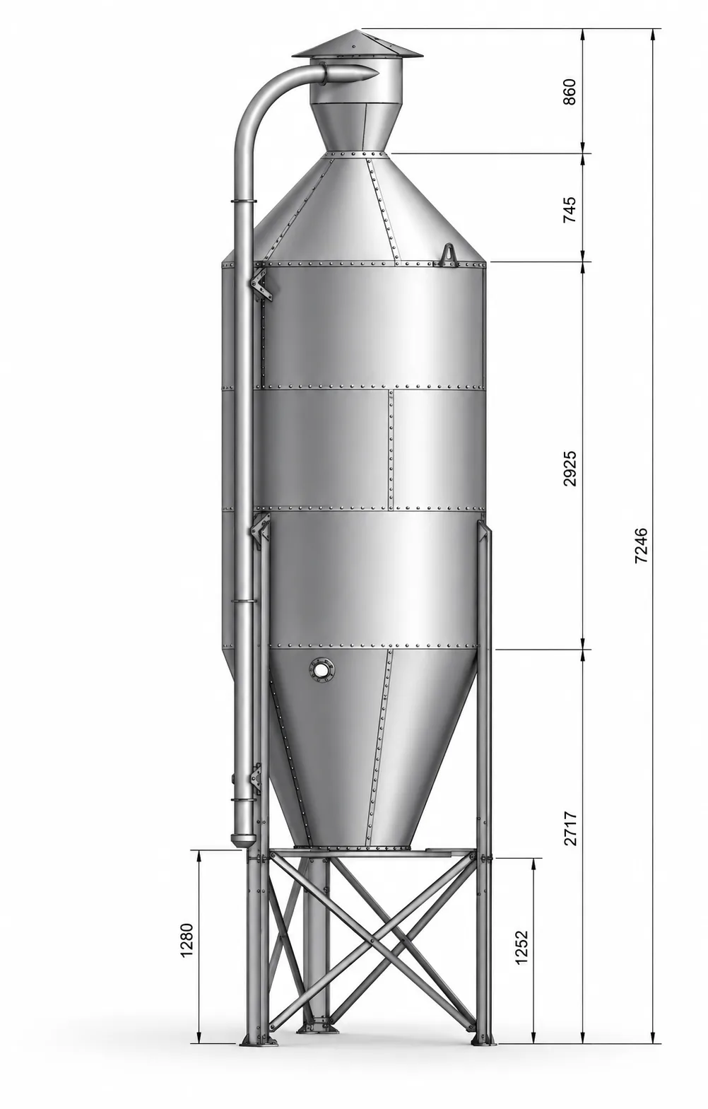 Cylindrisk fodersilo med konisk botten, mätskala och stödben.