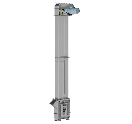 Skopelevator E11, vertikal bulktransportör med metallram och hölje.