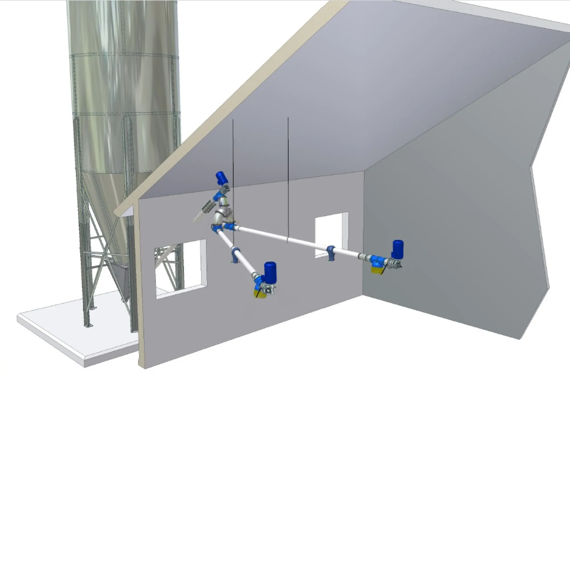 Fodersilo med transportskruv och automatiserat fodersystem i lantbruksmiljö.