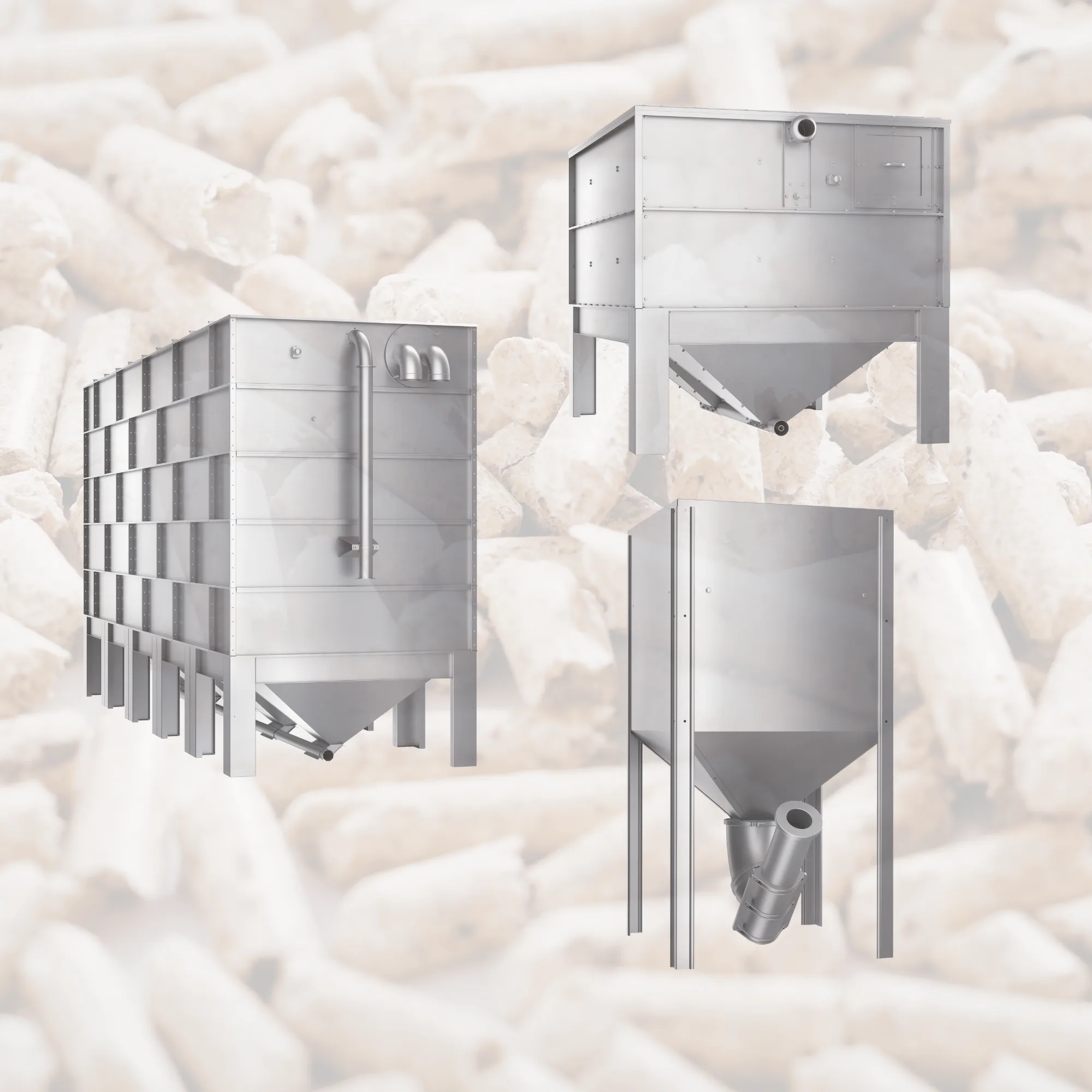 Trepelletsproduktionsmaskiner i metall mot bakgrund av pellets, effektiv lösning för energiproduktion.