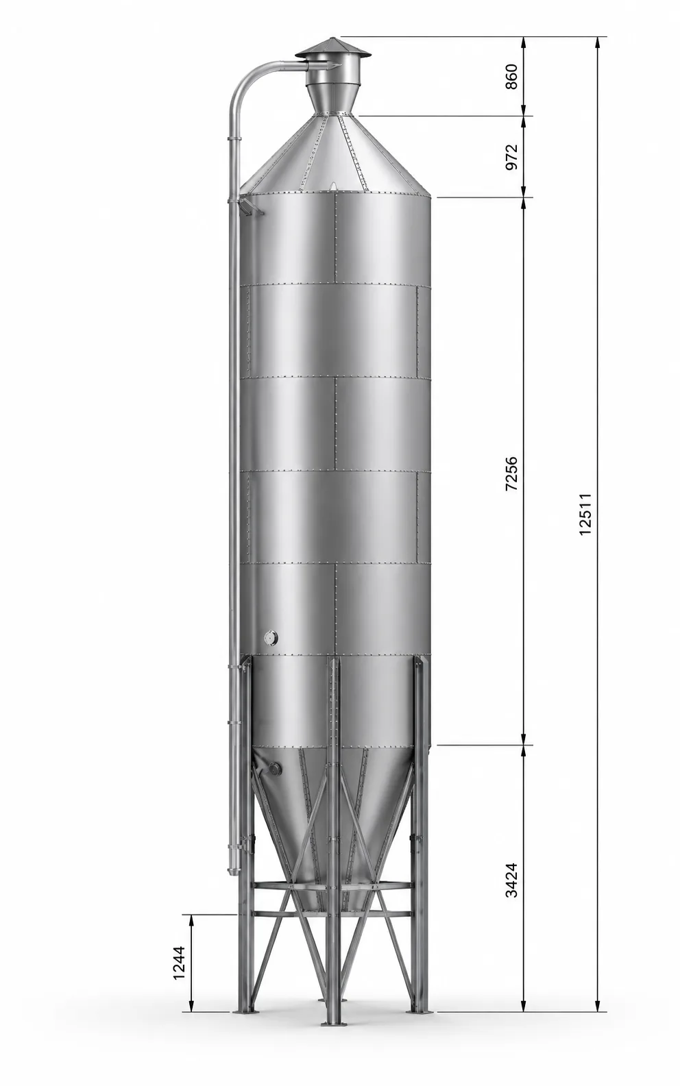 Cylindrisk fodersilo med koniskt utlopp och vertikala rör, modell UNIK 38.