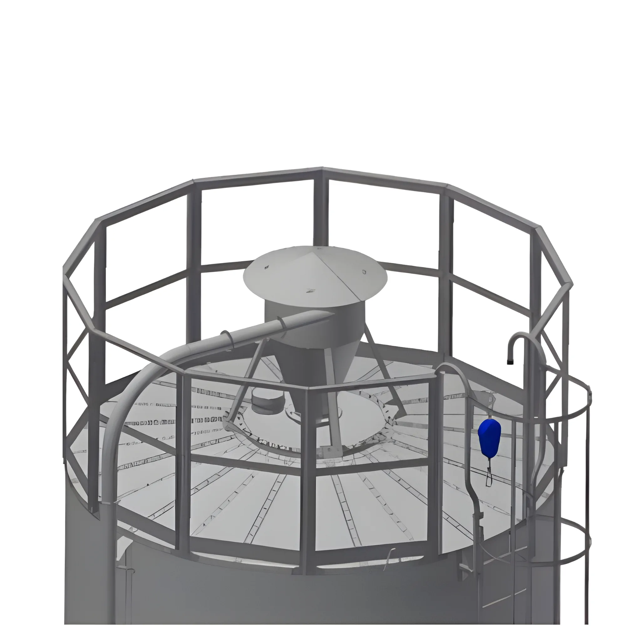 Industrisilo IB/UNBI med centraltratt, säkerhetsräcke och åtkomststege på ett tak med 12° lutning.
