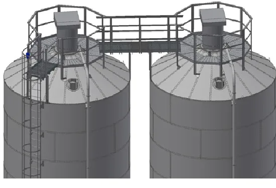 Två XB-silor med takplattform och räcke, stege och toppventil.
