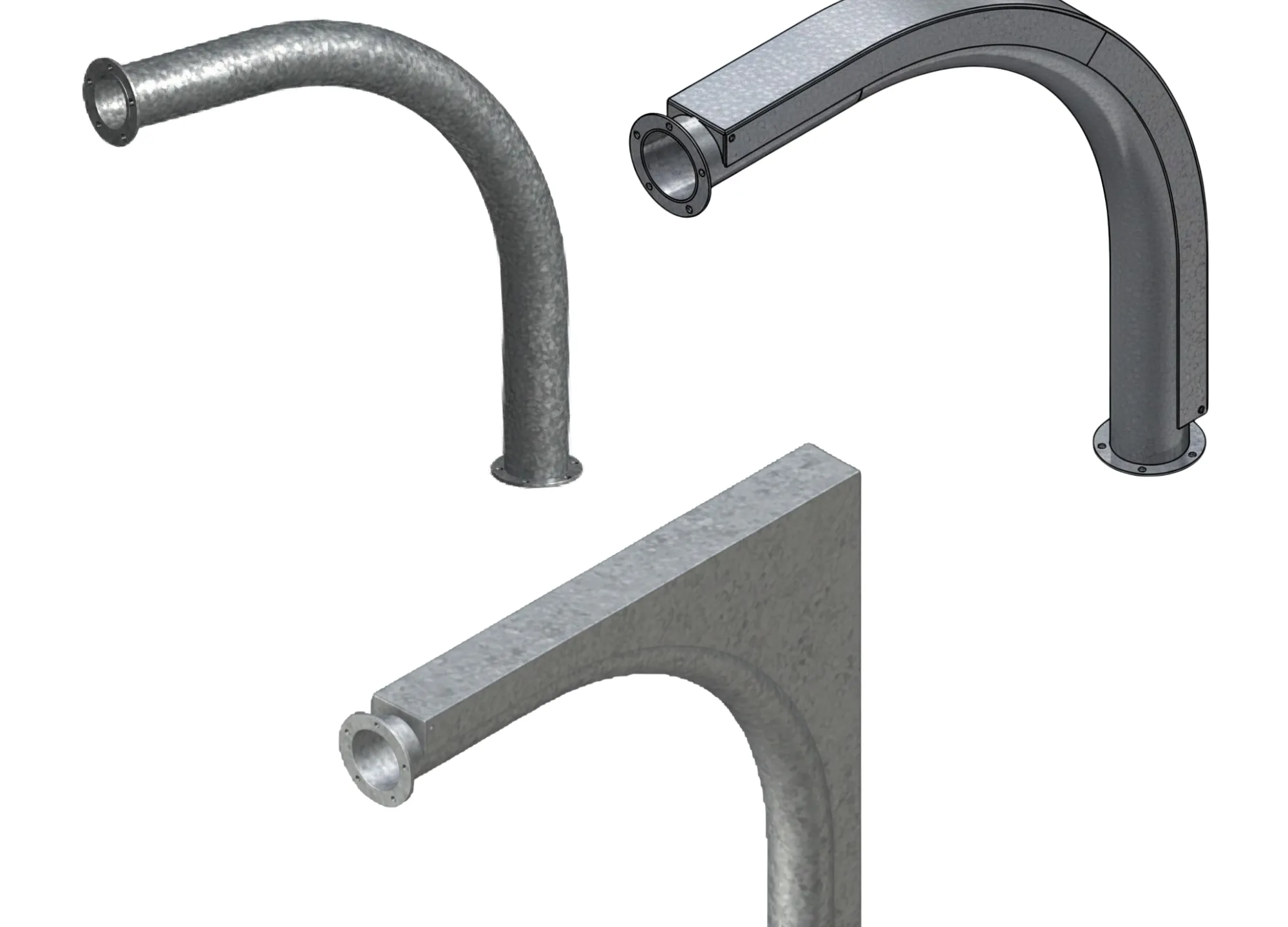 Tre industriella rörkomponenter i metall med runda flänsar i olika utföranden.